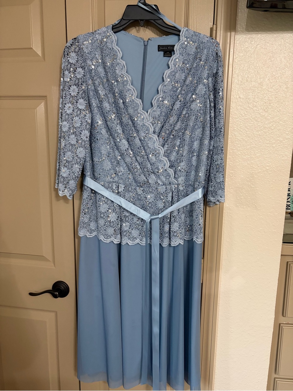 Jessica Howard Light Blue Lace Sequin Dress with Scalloped Edge